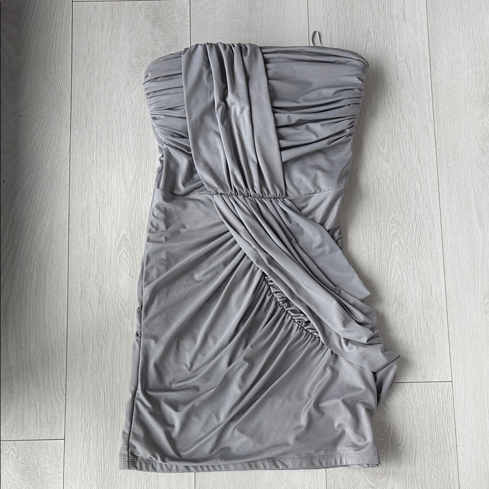 Costa Blanca Gray Asymmetrical Ruched Strapless Dress